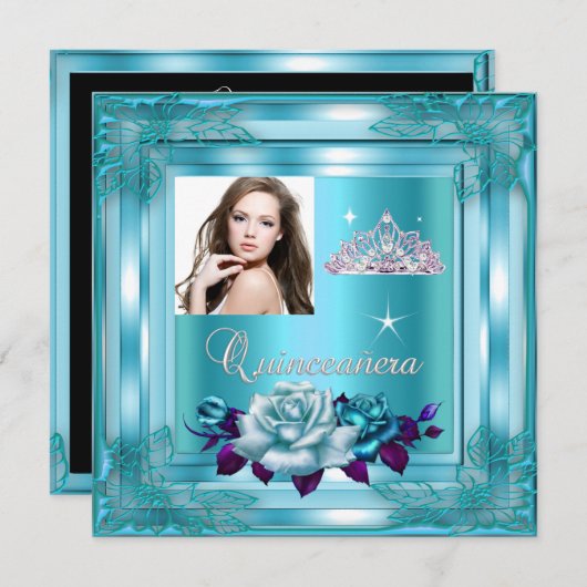 Quinceanera 15 Party Blauw Blauwgroen Rozen Foto Kaart (Voorkant / Achterkant)