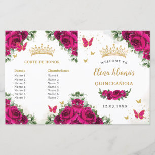 Quinceañera 15 Programme floral rose fuchsia et or