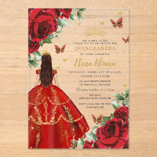 Quinceañera 15 Sweet 16 Rode Rozen Bloemen Bloemst Acryl Uitnodigingen