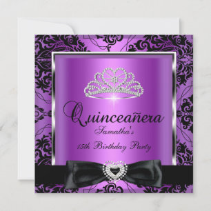 Quinceanera 15de feest paarse damast zilver zwart kaart