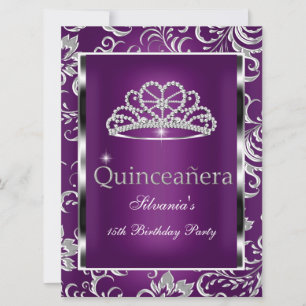 Quinceanera 15de feest paarse pruim damast zilver kaart