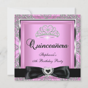 Quinceanera 15de feestje roze damast zilver zwart kaart