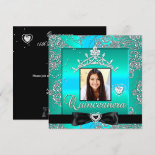 Quinceanera 15de feestje turquoise zilveren damast kaart
