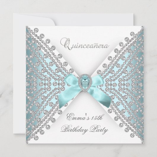 Quinceanera 15e Blauwgroen Blauw Wit Faux Diamond Kaart (Voorkant)