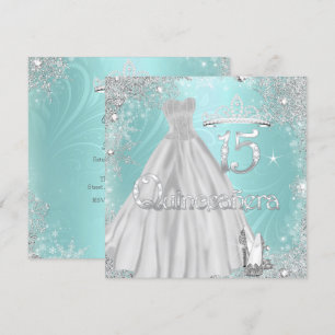 Quinceanera 15e Blauwgroen Silver Snowflakes Party Kaart
