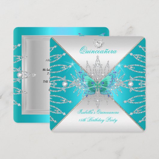 Quinceanera 15e Blauwgroen zilveren vlinder Tiara  Kaart (Voorkant / Achterkant)