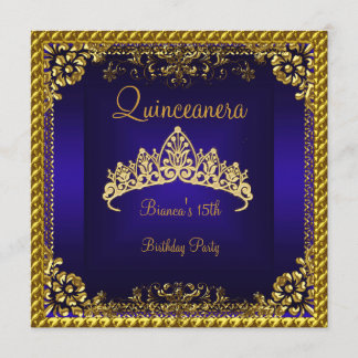 Quinceanera 15e Diepblauwe Gouden Diamanten Tiara Kaart
