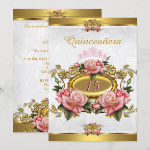 Quinceanera 15e Elegant Pink Gold Rozen White Kaart