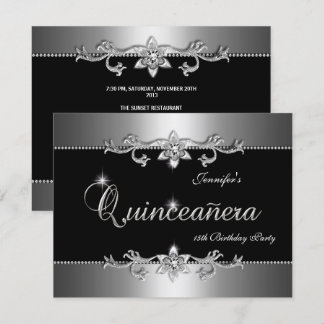 Quinceanera 15e Elegante Zwart Zilveren Juweel Fee Kaart
