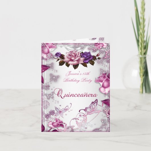 Quinceanera 15e Invitation Rose rose blanc violet  (Devant)