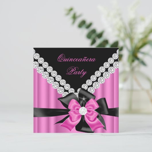 Quinceanera 15e roze zilverzwarte Ruitdiamant Kaart (Staand voorkant)