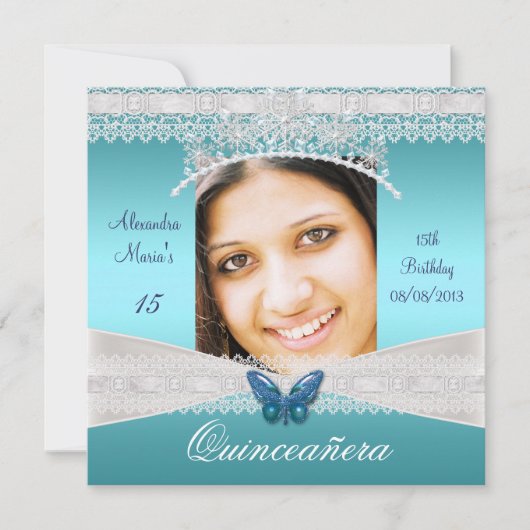 Quinceañera 15e Verjaardag Blauwgroen Witte kant F Kaart (Voorkant)