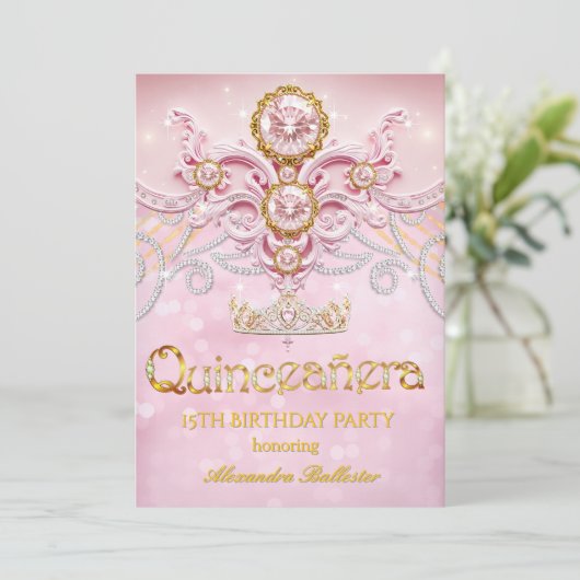 Quinceanera 15e Verjaardag Exotisch Licht Roze Gou Kaart (Staand voorkant)
