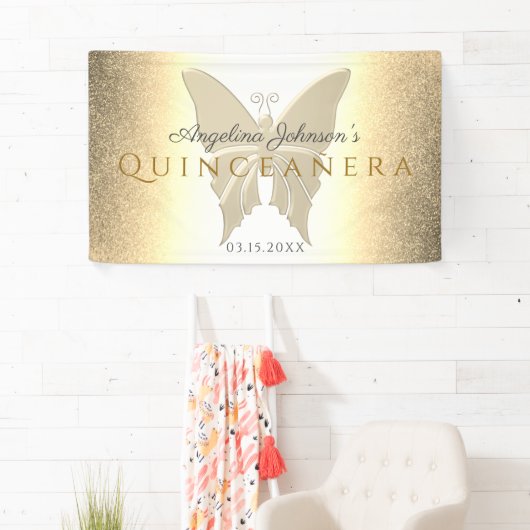 Quinceanera 15e verjaardag Glitter Gouden Vlinder Spandoek (Insitu)