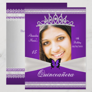 Quinceañera 15e verjaardag paarse witte kant foto kaart