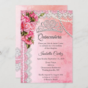 Quinceanera 15e verjaardag Pink Roses Tiara Kaart