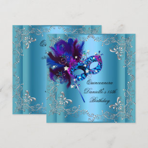 Quinceanera 15e verjaardagsfeest Maskerade Blauw Kaart