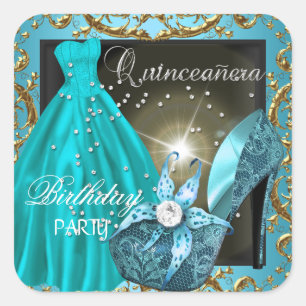 Quinceanera 15e verjaardagsfeest Teal jurk Vierkante Sticker