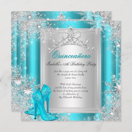 Quinceanera 15e Winter Wonderland Blauwgroen Aqua Kaart (Voorkant / Achterkant)