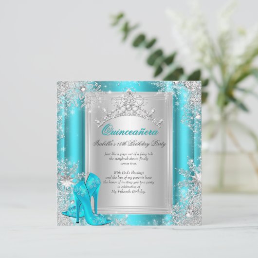 Quinceanera 15e Winter Wonderland Blauwgroen Aqua Kaart (Staand voorkant)