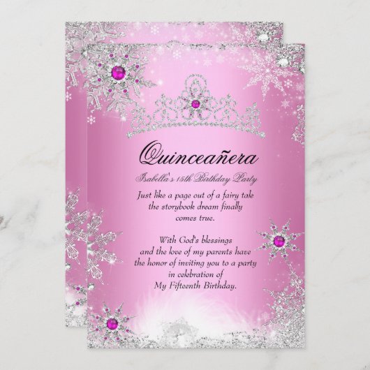 Quinceanera 15e Winter Wonderland Silver Pink Kaart (Voorkant / Achterkant)