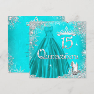 Quinceanera 15th Aqua Silver Snowflakes Party 2 Kaart
