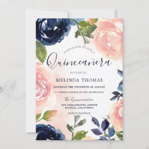 Quinceañera 15th Birthday Party Blush Navy Flowers Kaart