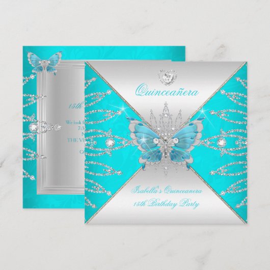 Quinceanera 15th Blauwgroen Blue Silver Butterfly Kaart (Voorkant / Achterkant)