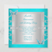 Quinceanera 15th Blauwgroen Blue Silver Butterfly Kaart (Achterkant)