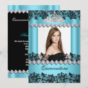 Quinceanera 15th Blue Black White Lace Foto Kaart