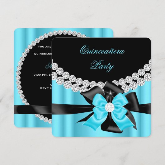 Quinceanera 15th Blue Silver Black Bow Diamonds 2 Kaart (Voorkant / Achterkant)