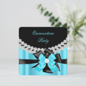 Quinceanera 15th Blue Silver Black Bow Diamonds 2 Kaart (Staand voorkant)