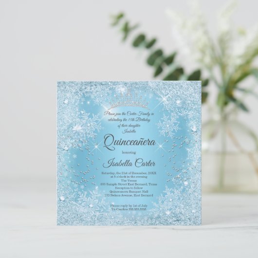 Quinceanera 15th Blue Snowflake Winter Birthday Kaart (Staand voorkant)
