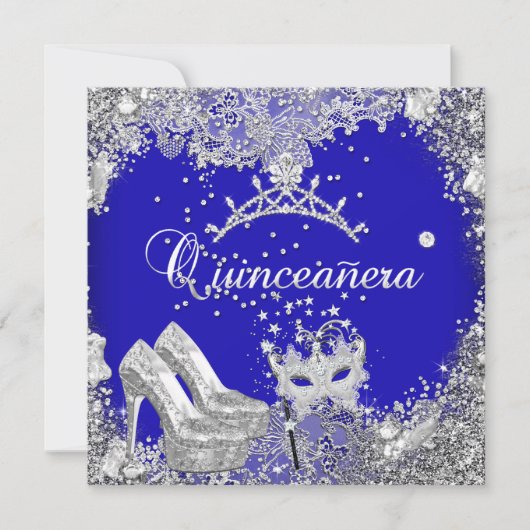 Quinceanera 15th Cobalt Blue Silver Mask Tiara Kaart (Voorkant)