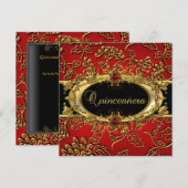 Quinceanera 15th Damask Red Gold Black Kaart (Voorkant / Achterkant)