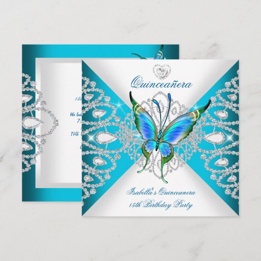 Quinceanera 15th Deep Blauwgroen Blue Butterfly Ti Kaart (Voorkant / Achterkant)