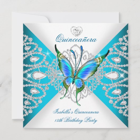 Quinceanera 15th Deep Blauwgroen Blue Butterfly Ti Kaart (Voorkant)