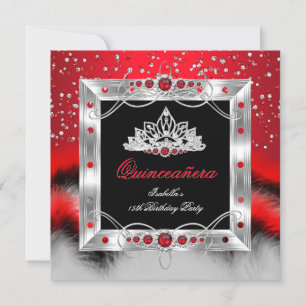 Quinceanera 15th Feather Red Pearl Glamour Kaart