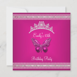 Quinceanera 15th Fushia Pink Tiara Butterfly Kaart
