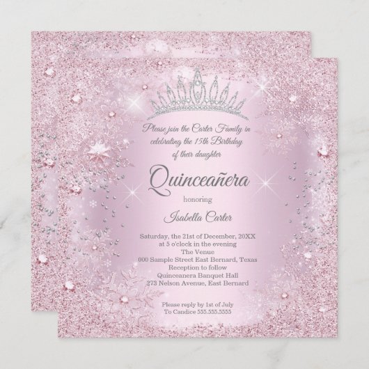 Quinceanera 15th Party Blush Pink Snowflake Winter Kaart (Voorkant / Achterkant)