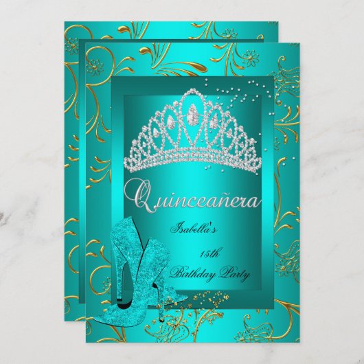 Quinceañera 15th Party Gold Blauwgroen Glitter loo Kaart (Voorkant / Achterkant)