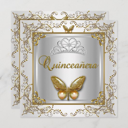 Quinceanera 15th Party Silver White Gold Butterfly Kaart (Voorkant / Achterkant)