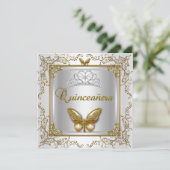 Quinceanera 15th Party Silver White Gold Butterfly Kaart (Staand voorkant)