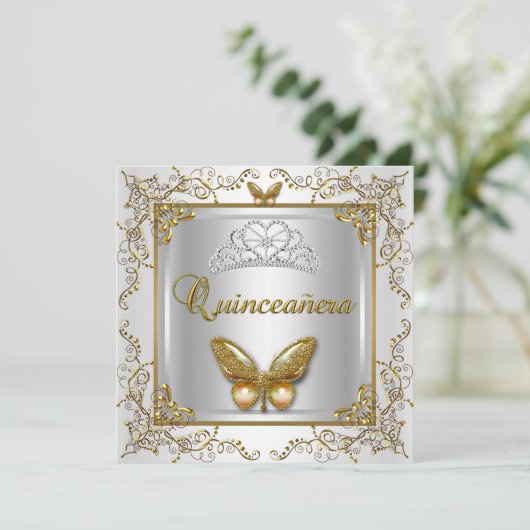 Quinceanera 15th Party Silver White Gold Butterfly Kaart (Staand voorkant)