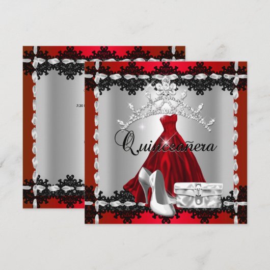 Quinceanera 15th Red Black Silver Diamond Tiara Kaart (Voorkant / Achterkant)
