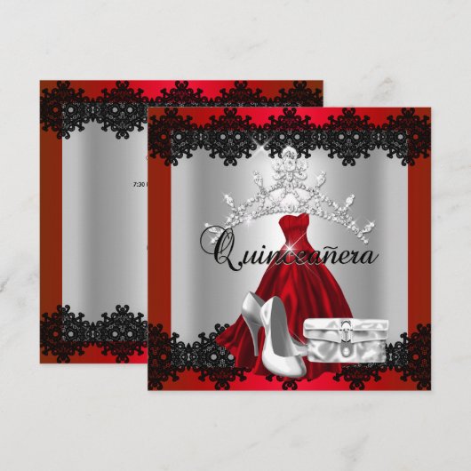 Quinceanera 15th Red Black Silver Diamond Tiara Kaart (Voorkant / Achterkant)