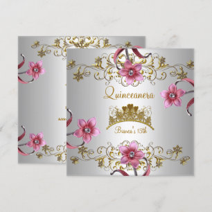 Quinceanera 15th White Pink Flowers Gold Tiara Kaart