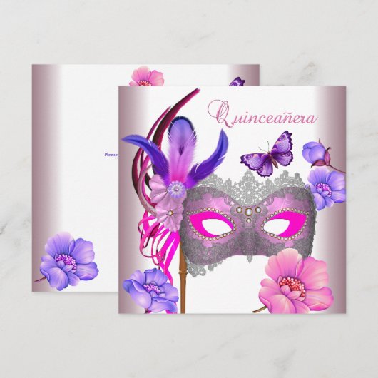 Quinceanera 15th White Pink Paars Mask Kaart (Voorkant / Achterkant)