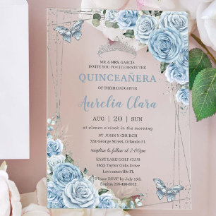Quinceañera 16 Baby Blue Bloemen Vlinders Zilver Acryl Uitnodigingen