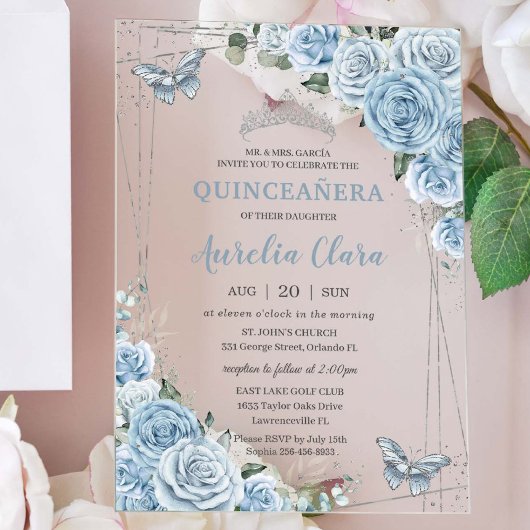 Quinceañera 16 Baby Blue Bloemen Vlinders Zilver Acryl Uitnodigingen